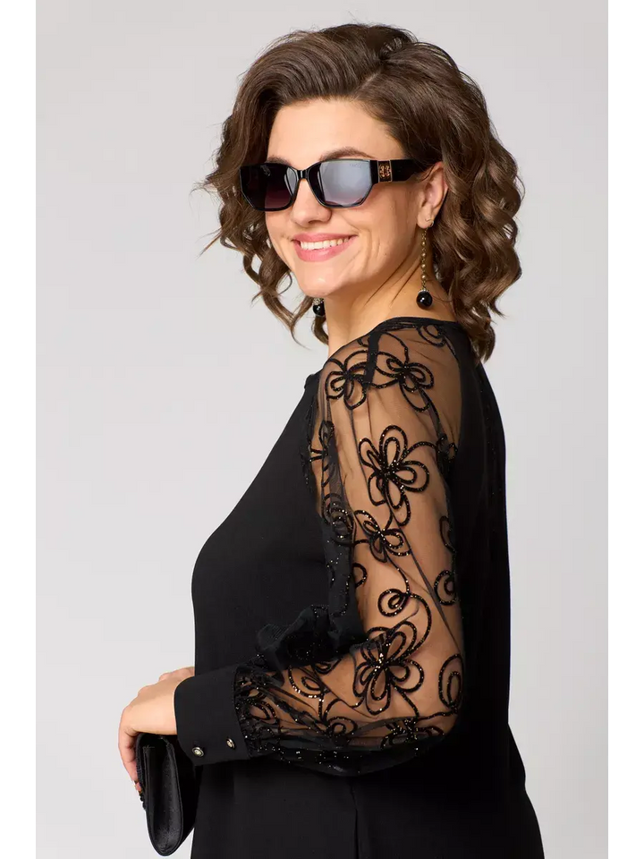 Graziella | Abito Nero Elegante con Maniche in Pizzo – Comfort e Raffinatezza