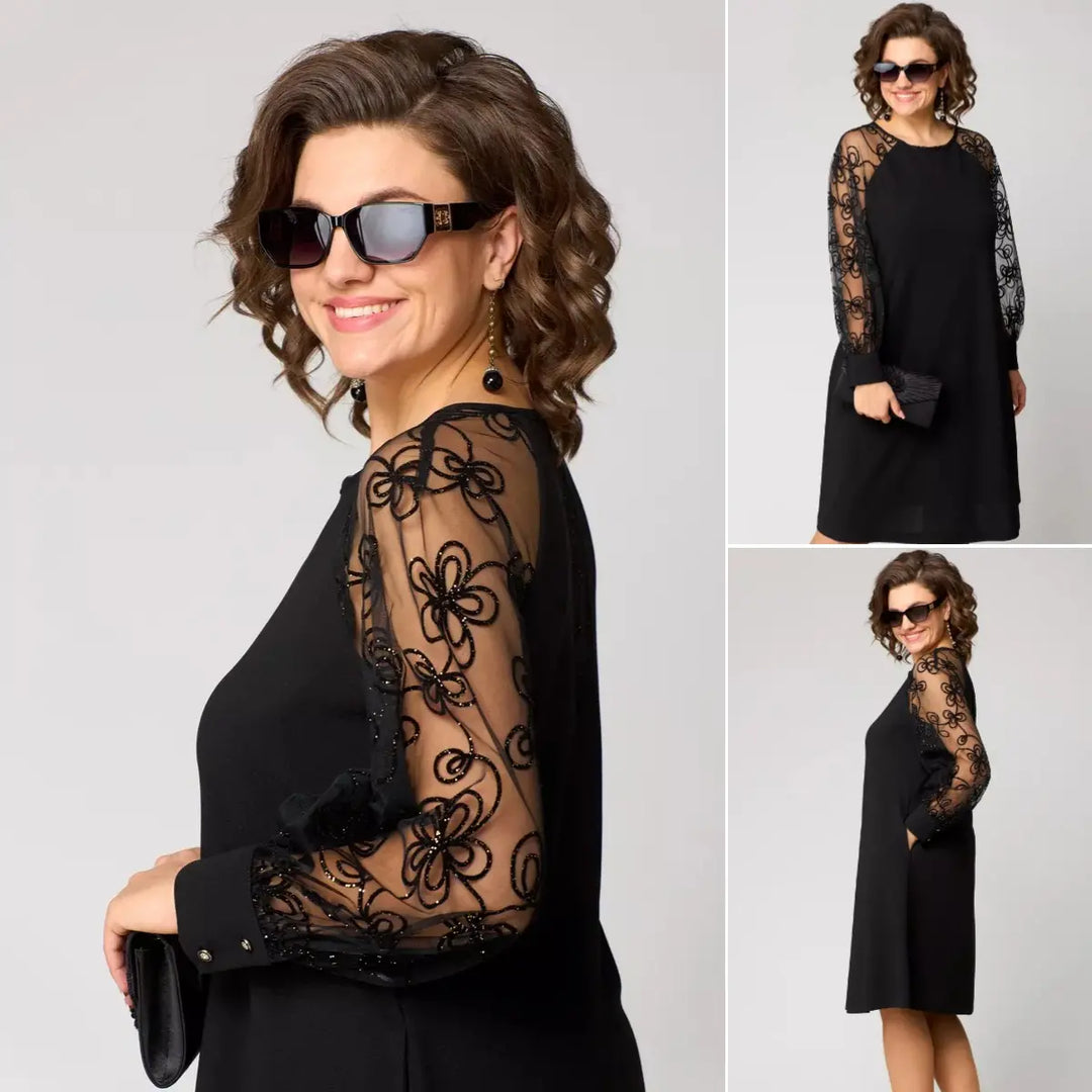 Graziella | Abito Nero Elegante con Maniche in Pizzo – Comfort e Raffinatezza